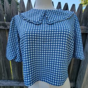 Monteau Blue Gingham Bib Collar Top Size Medium Babydoll Coquette Girl